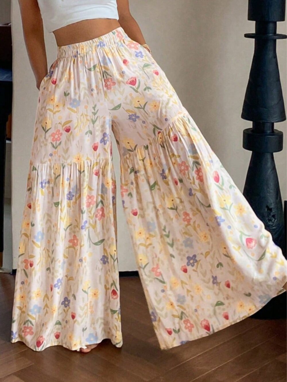 Apricot Boho Women's Long Wide-Leg Pants with Vibrant Floral Print and Pockets